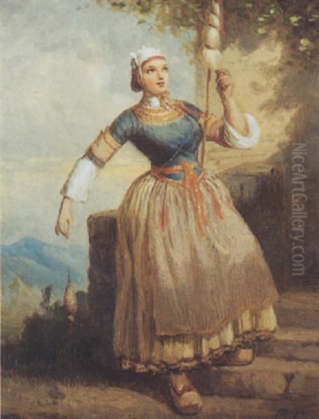 Jeune Bretonne Filant La Laine Oil Painting by Louis Caradec