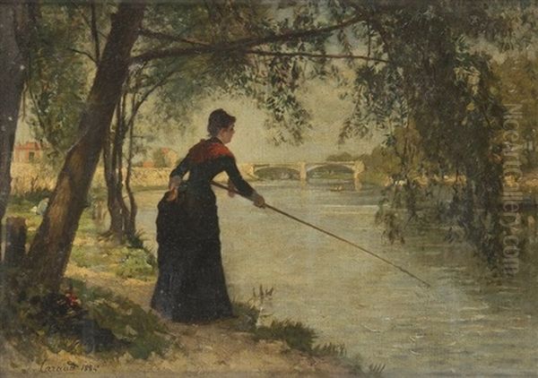 Femme Pechant En Bord De Seine Oil Painting by Joseph Caraud