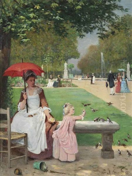 Feeding The Birds At The Tuilleries, Paris Oil Painting by Joseph Caraud