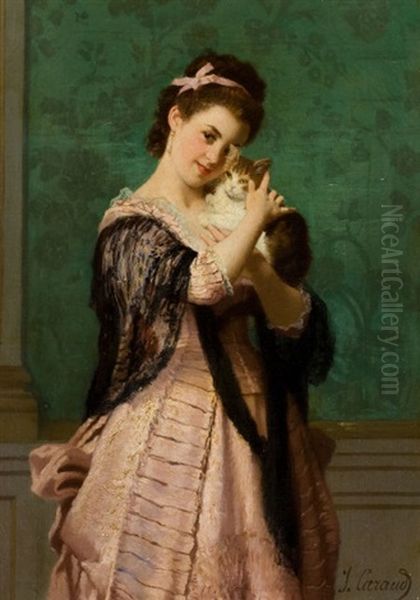 Young Woman With Kitten Oil Painting by Joseph Caraud