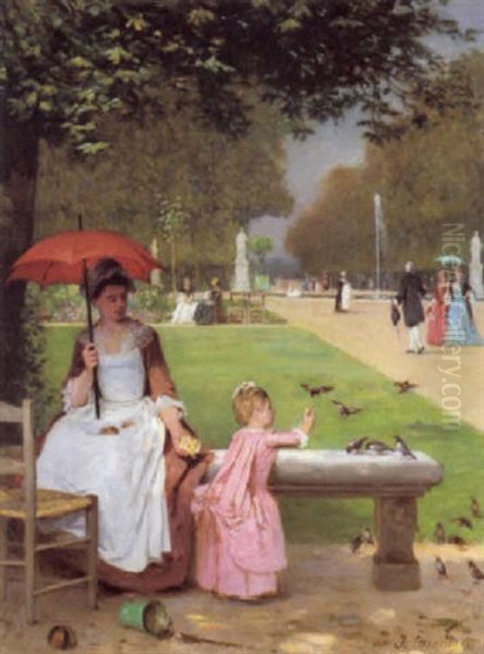 Feeding The Birds, Jardins Des Tuileries Oil Painting by Joseph Caraud