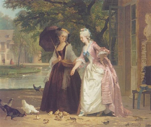 Marie-antoinette Feeding The Birds At The Trianon Oil Painting by Joseph Caraud