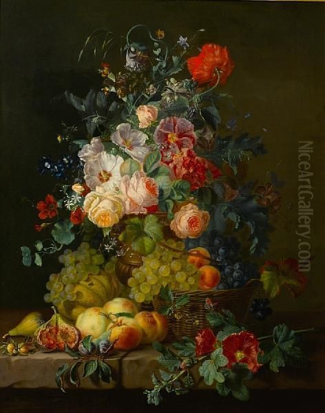 Still Life Of Fruit And Flowers On A Ledge Oil Painting by Kaercher Amalie