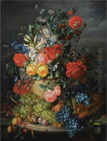 A Flower Still Life With Grapes Oil Painting by Kaercher Amalie