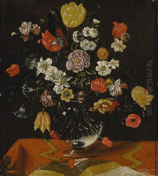 Vase Of Flowers On A Rug Covered Ledge Oil Painting by  Caravaggio