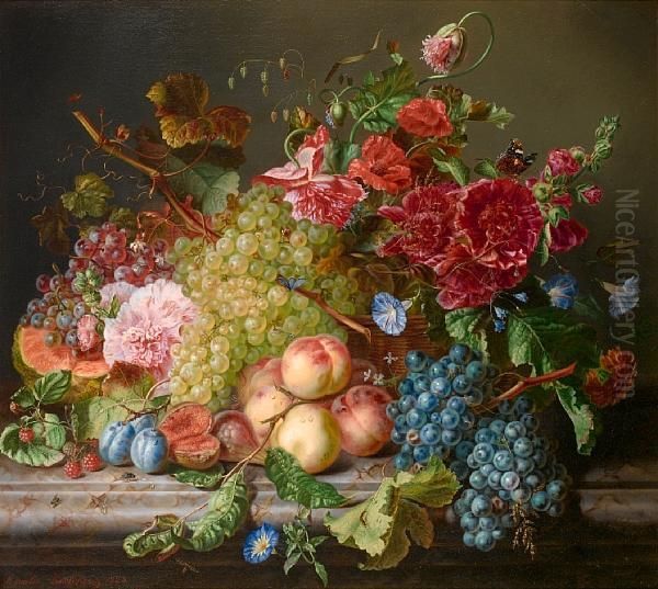 Still Life With Fruit And Flowers On A Ledge Oil Painting by Kaercher Amalie