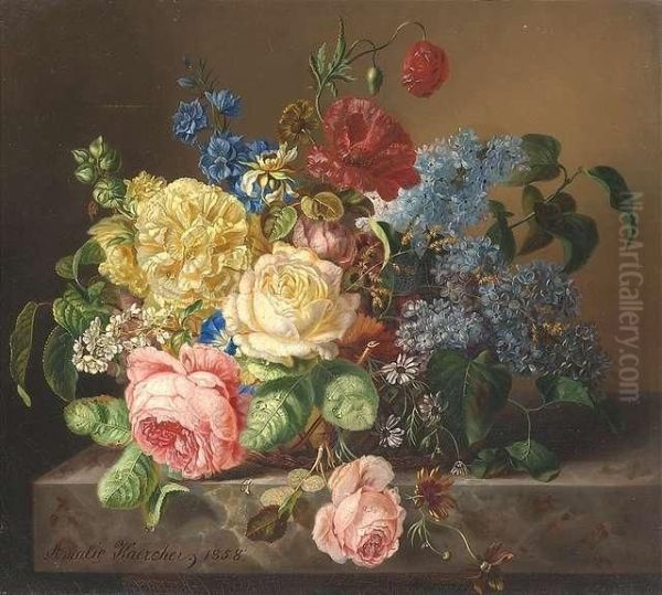 Still-life With Peonies In A Basket On A Pedestal Oil Painting by Kaercher Amalie