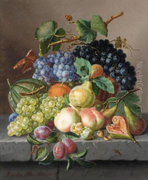 Grapes And Other Fruit On A Ledge Oil Painting by Kaercher Amalie