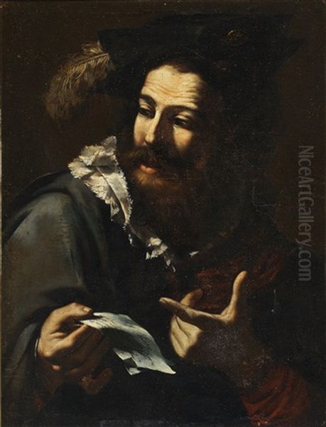 Portrait Of Man In A Plumed Hat Holding A Letter Oil Painting by  Caravaggio