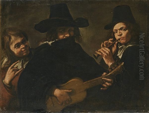 Two Musicians, Playing A Guitar And A Pipe, With Another Figure Oil Painting by  Caravaggio