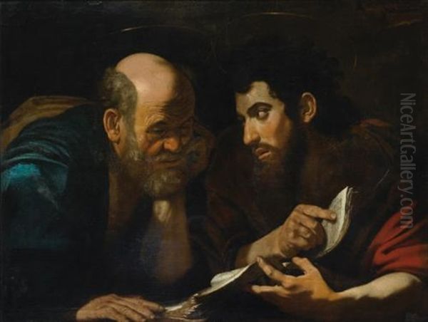 Two Male Saints, Probably The Evangelists Matthew And John, Discussing A Text Oil Painting by  Caravaggio