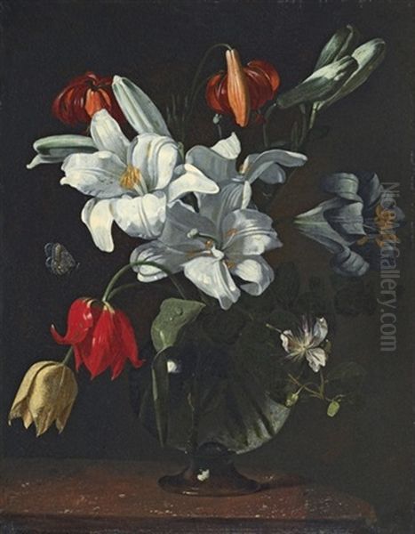 Lilies, Tulips And Other Flowers, In A Glass Vase, On A Ledge Oil Painting by  Caravaggio