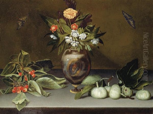 Narcissi And A Carnation In An Urn On A Stone Ledge With Cherries, Figs And Butterflies Oil Painting by  Caravaggio