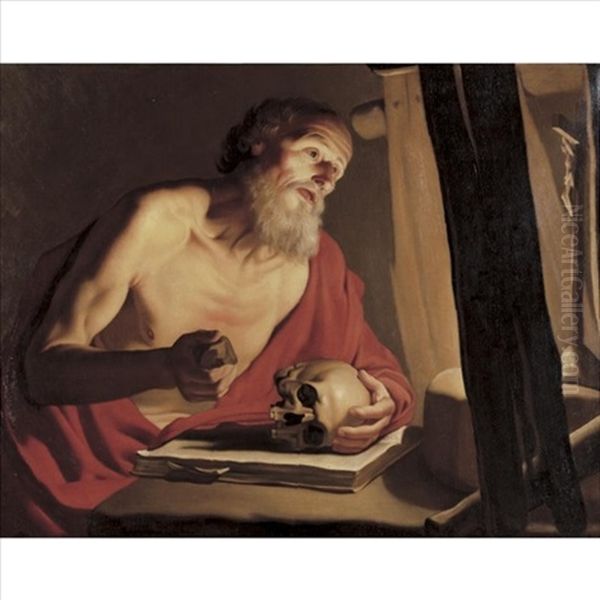 Saint Jerome With A Skull And Crucifix Oil Painting by  Caravaggio