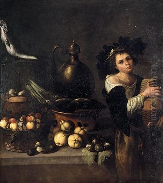 A Kitchen Still Life With A Servant Boy Holding A Cask Of Wine Beside A Table Laden With Fruit, Vegetables And Fish Oil Painting by  Caravaggio