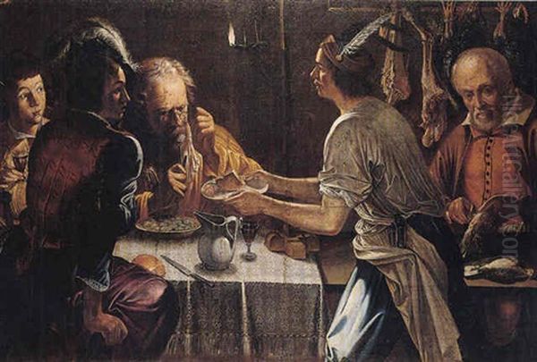 Interior With Various Figures At A Meal By Candlelight Oil Painting by  Caravaggio