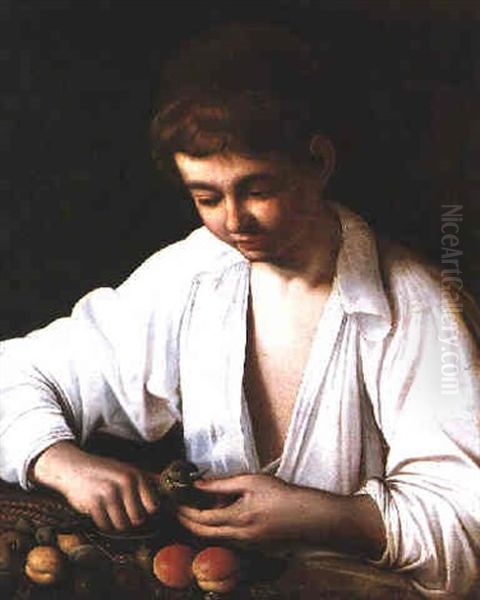 A Young Boy Peeling Fruit Oil Painting by  Caravaggio