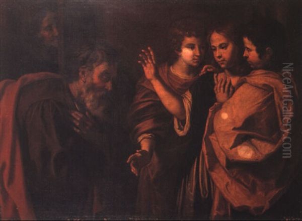 Abramo E I Tre Angeli Oil Painting by  Caravaggio