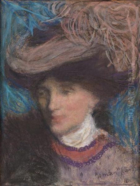 Portrait De Femme Au Chapeau Oil Painting by Edmond Aman-Jean