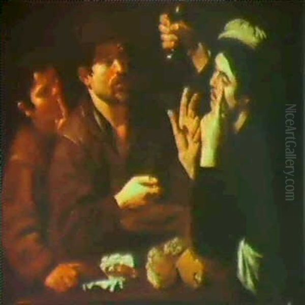 Three Figures At A Table Oil Painting by  Caravaggio