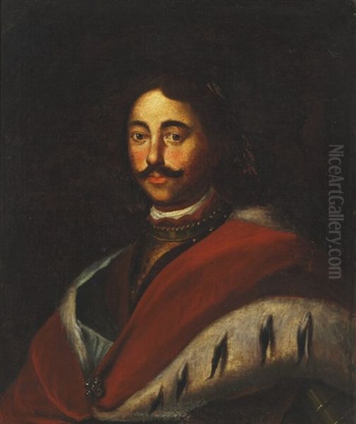 Portrait Of Tsar Peter The Great Of Russia Wearing Armor And Ermine Cloak (1672-1682-1725) Oil Painting by Louis Caravaque