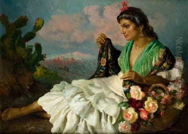 Gitana Con Cesto De Flores Y Manton Oil Painting by Ramon Carazo Martinez