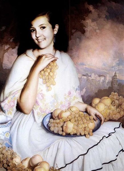 A Spanish Beauty With Grapes And Peaches Oil Painting by Ramon Carazo Martinez