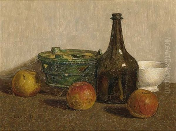 A Still Life With Apples, A Bottle And Earthenware Oil Painting by Jan Carbaat