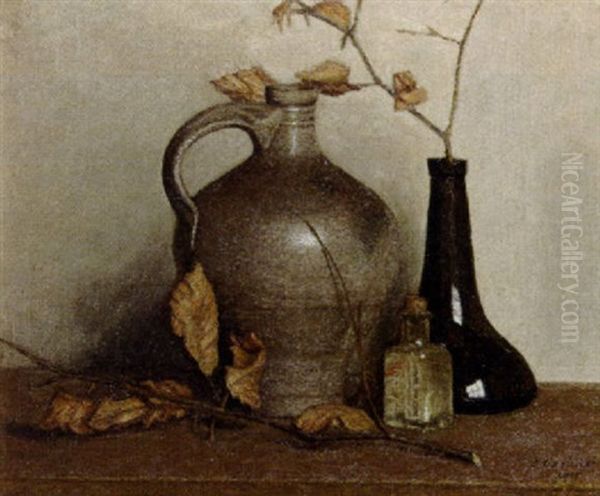 A Still Life With A Jug And Two Bottles Oil Painting by Jan Carbaat