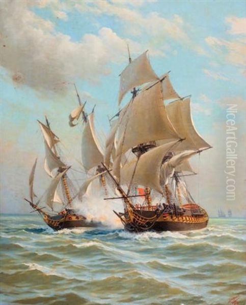 Bcombat Naval Oil Painting by Adolphe Carbon