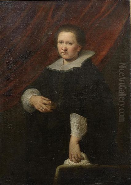 Portrait Of A Lady, Half-length, In A Black Dress, Standing Before A Curtain Oil Painting by Giovanni Bernardo Carboni