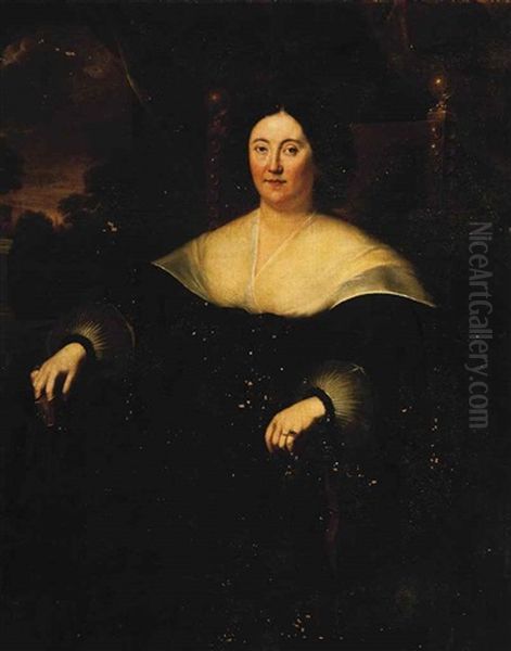 Portrait Of A Lady, Three-quarter-length, Seated, In A Black Dress, Holding A Book In Her Right Hand, A Landscape Beyond Oil Painting by Giovanni Bernardo Carboni