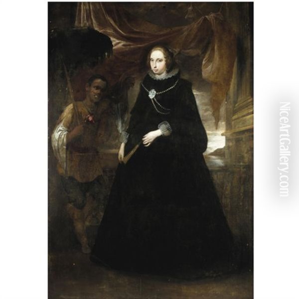 Portrait Of A Lady, Full Length, Holding A Fan, With Her Moorish Attendant Holding A Parasole Oil Painting by Giovanni Bernardo Carboni