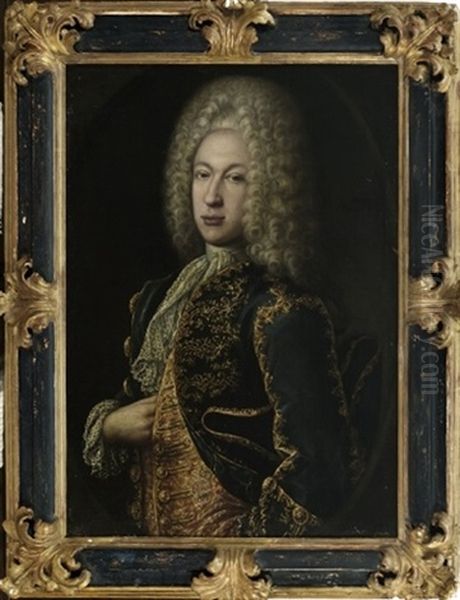 Portraet Af En Italiensk Adelsmand Baerende Allongeparyk Samt Bla Flojsfrakke Med Guldtraekkeri, Herunder Rigt Broderet Vest Samt Kniplingskalvekros Oil Painting by Giovanni Bernardo Carboni