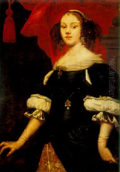 Portrait Of A Lady, Standing Three-quarter Length Against A Red Curtain Oil Painting by Giovanni Bernardo Carboni