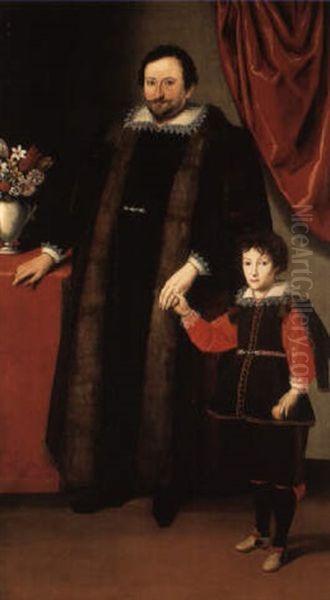 A  Double Portrait Of A Gentleman With His Son By A Table Oil Painting by Giovanni Bernardo Carboni