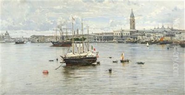 Panorama Of Venice With Steamboats In The Foreground Oil Painting by Filippo Carcano