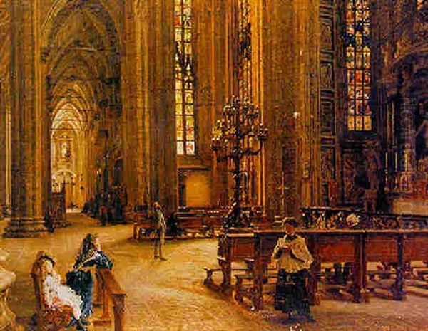 A Church Interior Oil Painting by Filippo Carcano