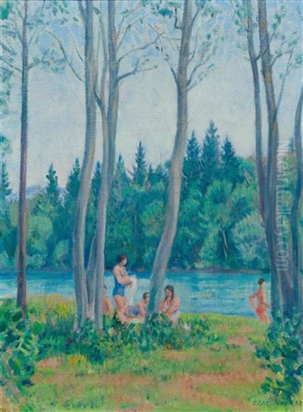 People Bathing At The River Aare Oil Painting by Emil Cardinaux