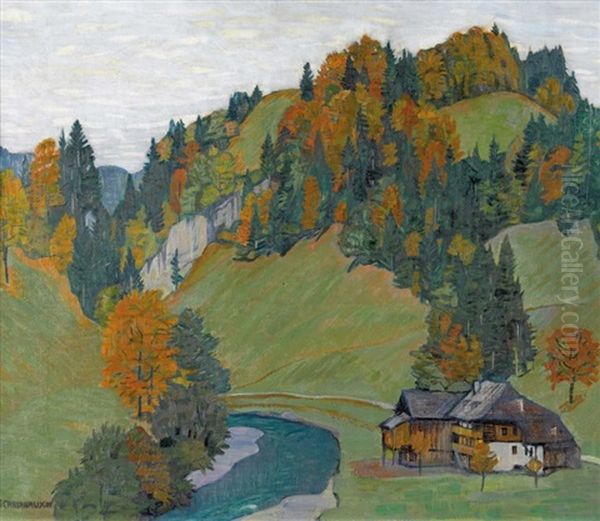 Herbstlandschaft Mit Gehoft An Einem Bach Oil Painting by Emil Cardinaux