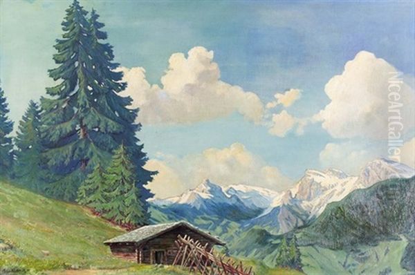 Sonnige Alpenlandschaft Mit Kleiner Holzhutte Oil Painting by Emil Cardinaux