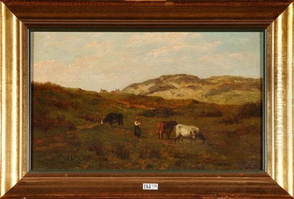 Vachere Et Son Troupeau Dans Les Dunes Oil Painting by Charles Leon Cardon