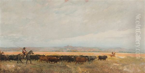 Herdsmen And Bulls Oil Painting by Alves Cardoso