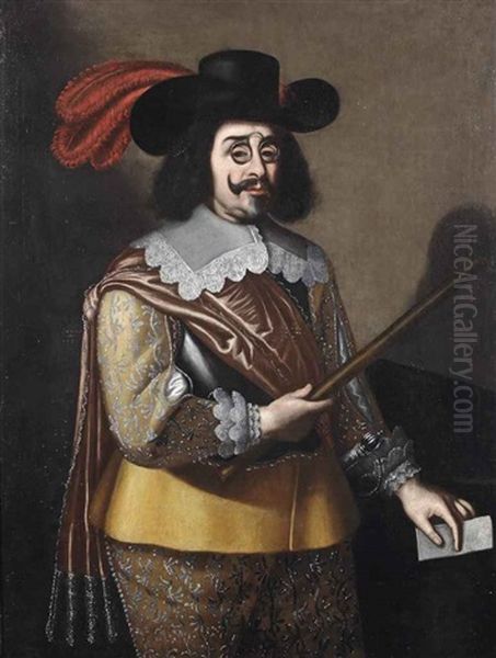 Portrait Of A General, Three-quarter-length, In A Golden Embroidered Coat, Orange Sash, White Lace Collar, Black Feathered Hat, And Eye-glasses... Oil Painting by Vicente Carducho