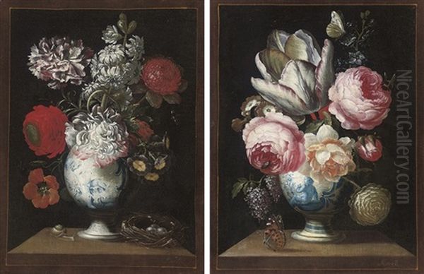 Roses, Polyanthas, Lilac And A Parrot Tulip (+ Another; Pair) Oil Painting by Johann Careel