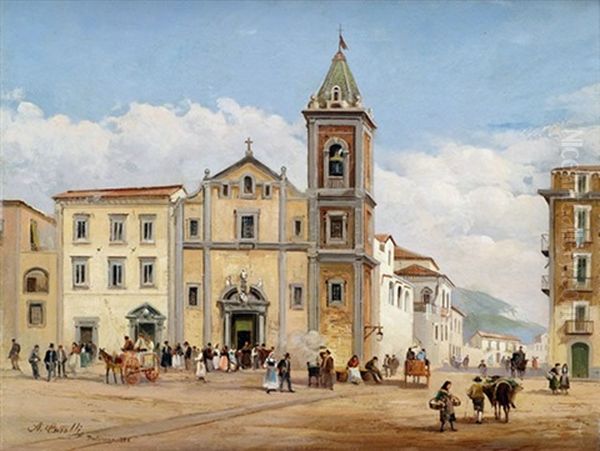 Reges Treiben Auf Dem Kirchvorplatz Oil Painting by Achille Carelli