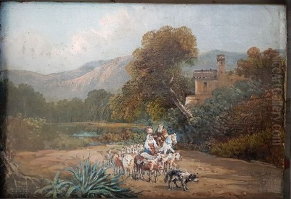 Scena Di Vita Campestre Nei Dintorni Di Napoli Oil Painting by Consalvo Carelli