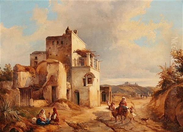 Southern Landscape With Travellers Oil Painting by Consalvo Carelli