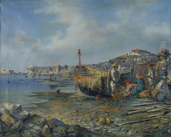 Golfo Di Napoli Con Pescatori Oil Painting by Consalvo Carelli