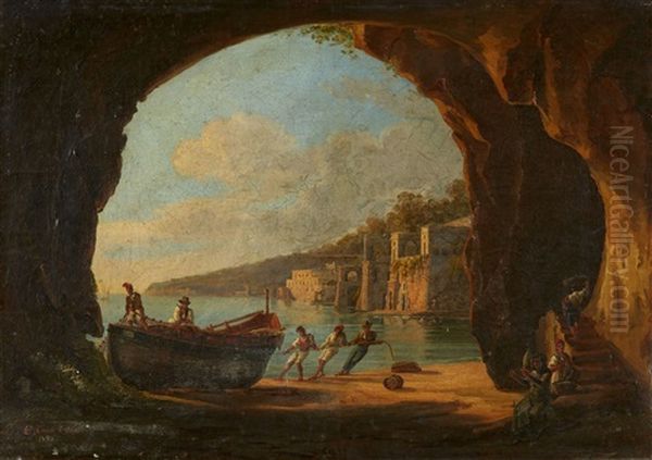 Grotto On The Gulf Of Naples With A View Of The Sea Oil Painting by Consalvo Carelli